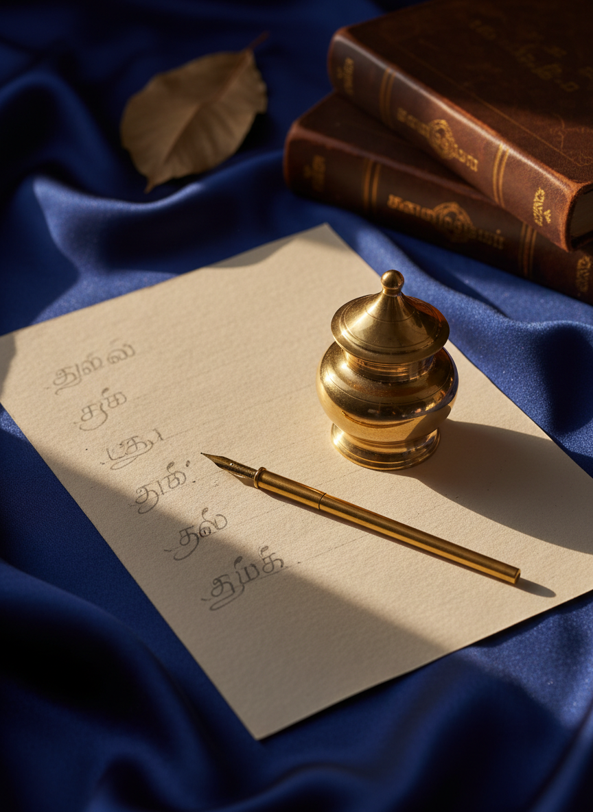 An antique brass inkwell and slender dip pen sit atop a sheet of handmade off-white paper, the surface subtly textured with faint Tamil letters lightly sketched in pencil as guidelines. Underneath, a deep indigo silk cloth adds a luxurious, sophisticated backdrop. Warm golden-hour light from the right side skims across the scene, catching glints on the brass and casting elongated shadows of the pen and inkwell. In soft-focus behind, leather-bound Tamil journals and a single dried leaf suggest thoughtful literary contemplation. Photographic realism, slightly elevated angle, and a minimalist yet rich composition evoke the artistry of Tamil writing.