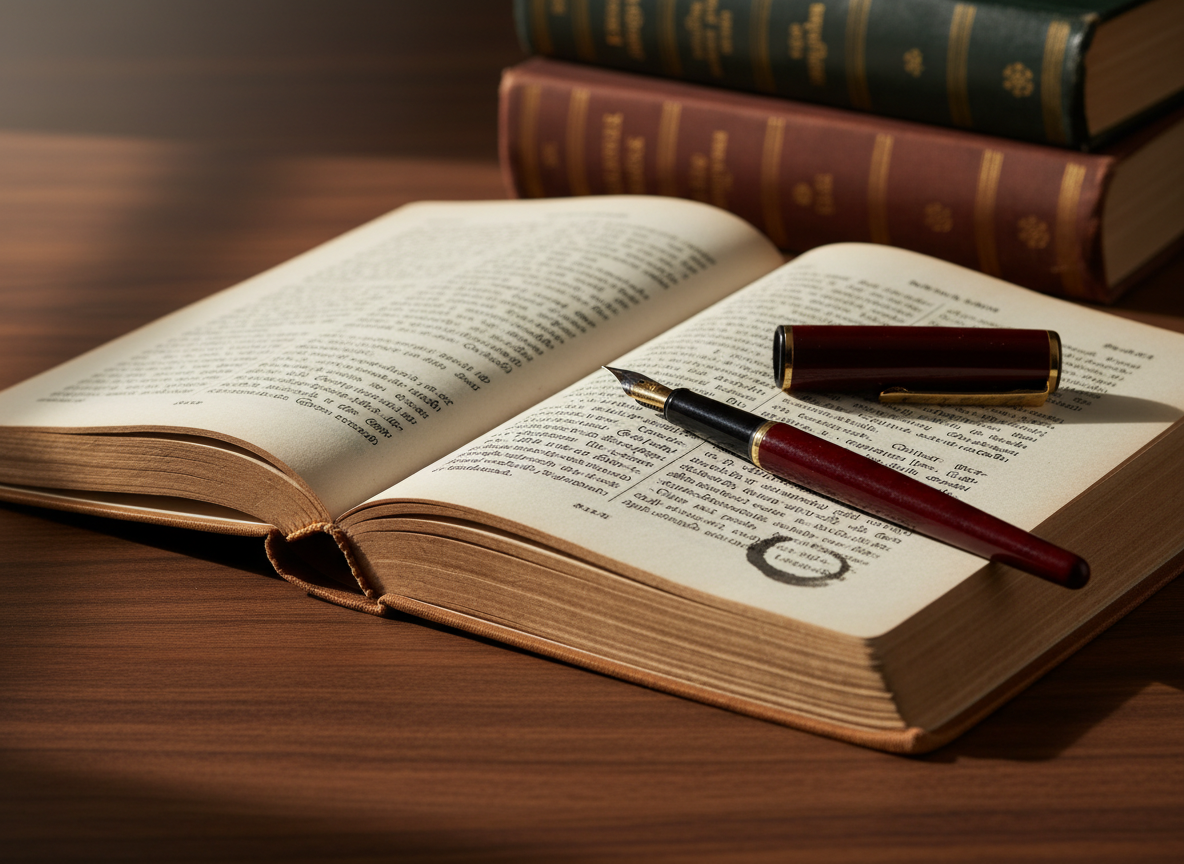 A well-worn hardcover Tamil book lies open on a dark teakwood desk, its cream pages filled with elegant Tamil script in rich black ink. Beside it, a fine-nibbed fountain pen with a glossy maroon barrel rests diagonally, a tiny ink blot near the margin hinting at recent writing. Soft morning light from an unseen window falls across the pages, creating gentle gradients of shadow between the lines of text. In the blurred background, a neat stack of Tamil literary classics anchors the composition. Photographic realism, eye-level angle, shallow depth of field, and a calm, sophisticated mood emphasize quiet reading and reflective writing.